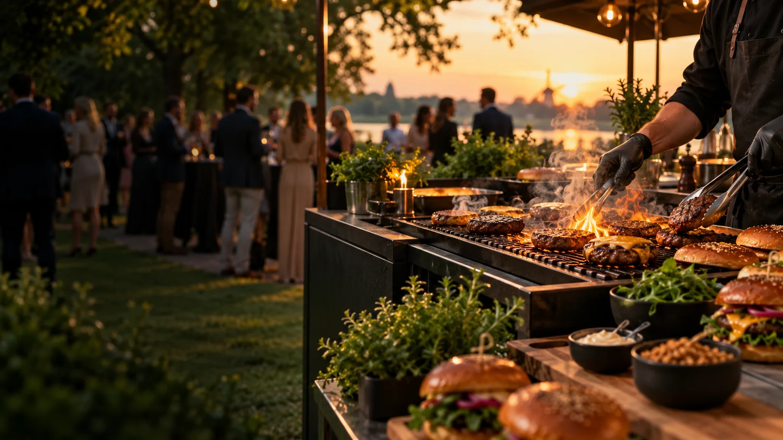 Live cooking met ambachtelijke burgers tijdens een sfeervol evenement